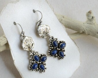 Shiny Raw Sterling Silver & Blue Lapis Cross/Flower Earrings. Old Treasure. Ancient Silver. Southwest Boho Tribal Style Jewelry
