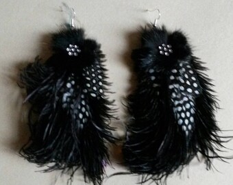 Earrings ' black and white ostrich feather