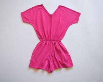 80s pink romper with pockets / size small - medium / cotton romper playsuit / 80s 90s jumpsuit romper