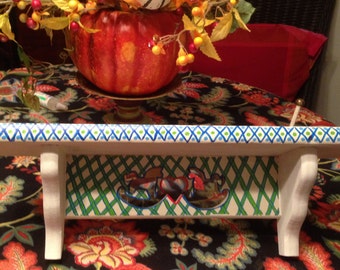 Hand Painted Bohemian Wood White, Green & Blue Display Shelf For Home 18"Wx6"Hx4.5"D W0077