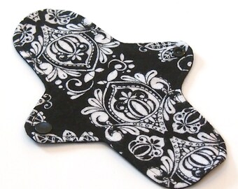 8" Ultrathin Reusable pantyliner - Cloth winged liner - Cotton Flannel top - Black Damask