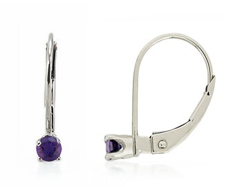 14K White Gold or 14K Yellow Gold Genuine Purple Amethyst Kid's Leverback Earrings .14ct - February Birthstone - Handmade Gift for Girls