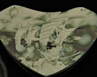 Quintessential ~ Super Large Carved Ribbon Jasper Sailing Ship Pendant - 63mm x 89mm x 8mm - B6705