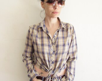 Vintage Womens 70s Large Thin Plaid Western Shirt