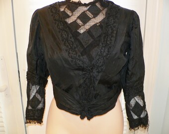 Victorian 1900 Black Silk Bodice with Lace