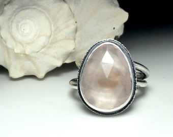 Statement Ring Rose Quartz Rose Cut in sterling silver wide band modern organic