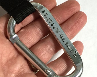 CUSTOM Longitude Latitude Carabiner Key Chain Stamped Silver OOAK Personalized Words Customized Home Coordinate Rock Climber Clip Belay Men