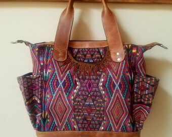 CUSTOM *Boho* All Huipil Convertible Day Bag~Leather and Huipil Bag~Diaper Bag~Leather Handbag~Overnight Bag~Tote~Guatemala Bag~Huipil Bag