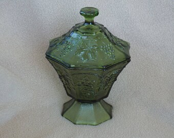 Vintage Green Glass Compote; Green Glass Candy Dish