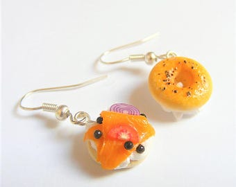 Food Jewelry Lox Bagel Earrings, Salmon Bagel, Bagel Jewelry, Miniature Food Earrings, Mini Food Jewellery, Bagel Charm, Cream Cheese Bagel