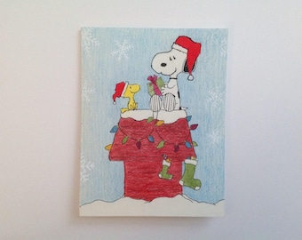 Snoopy and Woodstock Christmas greeting cards - hand drawn, made to order, envelopes included