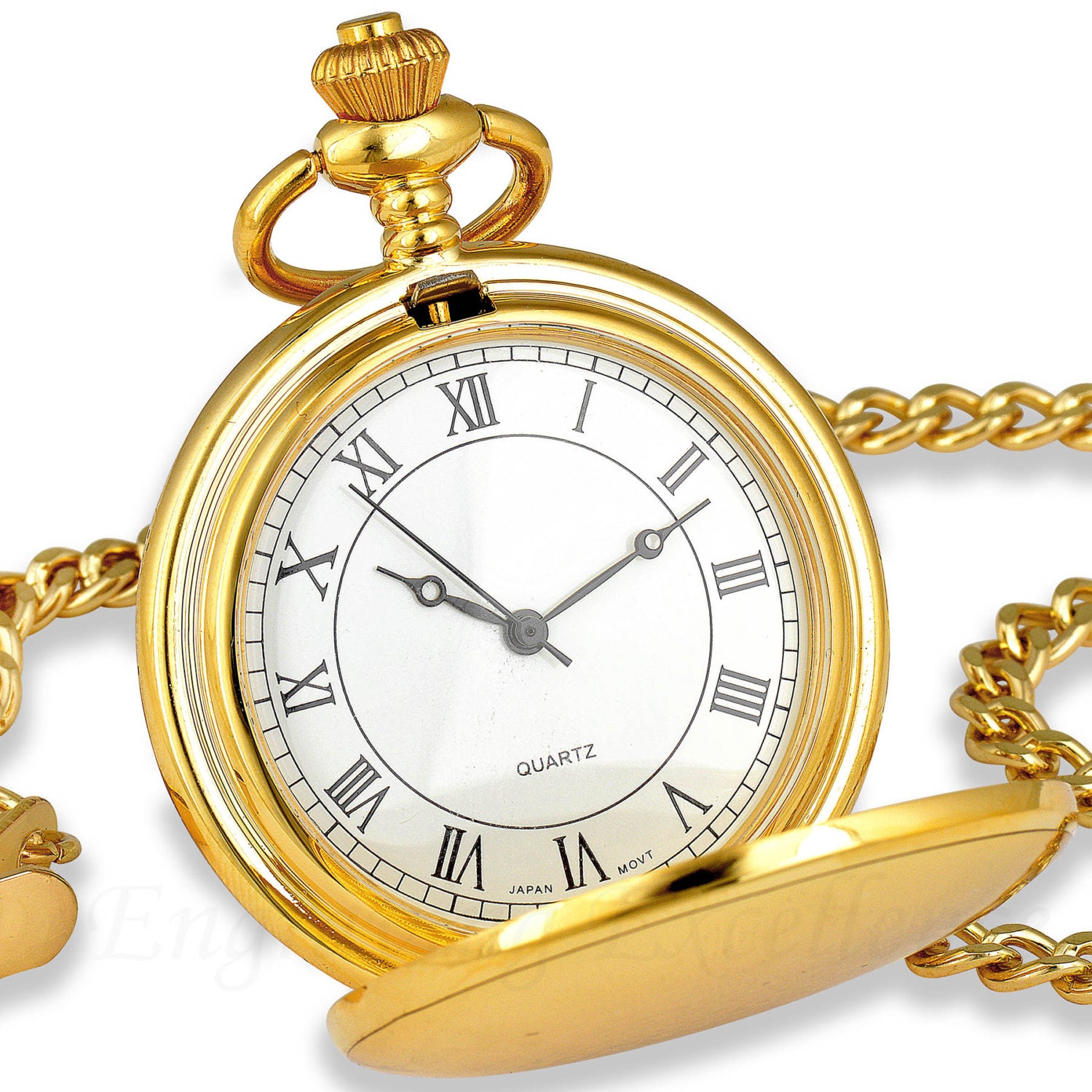 Personalised Gold Colour Roman Numeral Pocket Watch with Chain