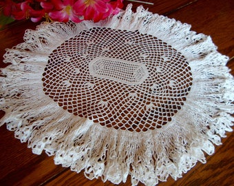 White Crochet Doily Vintage Hand Crocheted Lace Oval Doily Table Linens