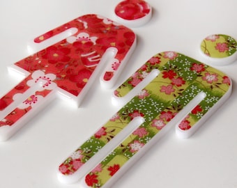 decor bathroom sign, Male/Female WC green-red-flowers