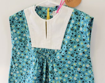 Smocked Dress - Blue Floral White Yoke - Girls Size 4