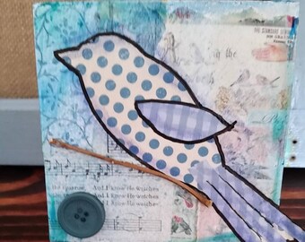 Blue Bird Mixed Media Collage, 4x4 Wood Block, One of a Kind, Wall Art, Happy Art