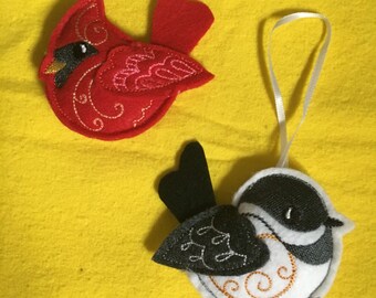 Cardinal and chickadee felt ornaments.