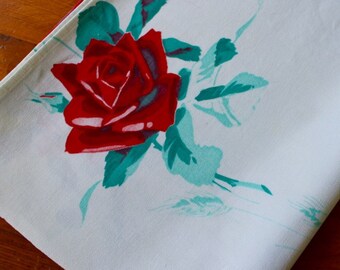 Vintage Linen Tablecloth Wilendur Red Roses White Printed Green Wheat Teal