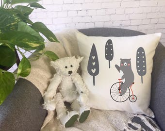 bear riding bicycle children's throw pillow/nursery throw pillow / baby shower gift/ kid's room