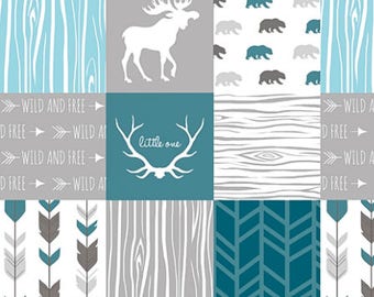 Boy Crib Bedding, Gray Grey Blue Teal, Baby Boy Quilt, Minky Baby Blanket, Patchwork Baby Quilt, Woodland Baby Quilt, Moose Little One