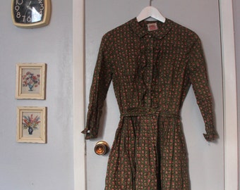 1960s shirtwaist olive calico print dress