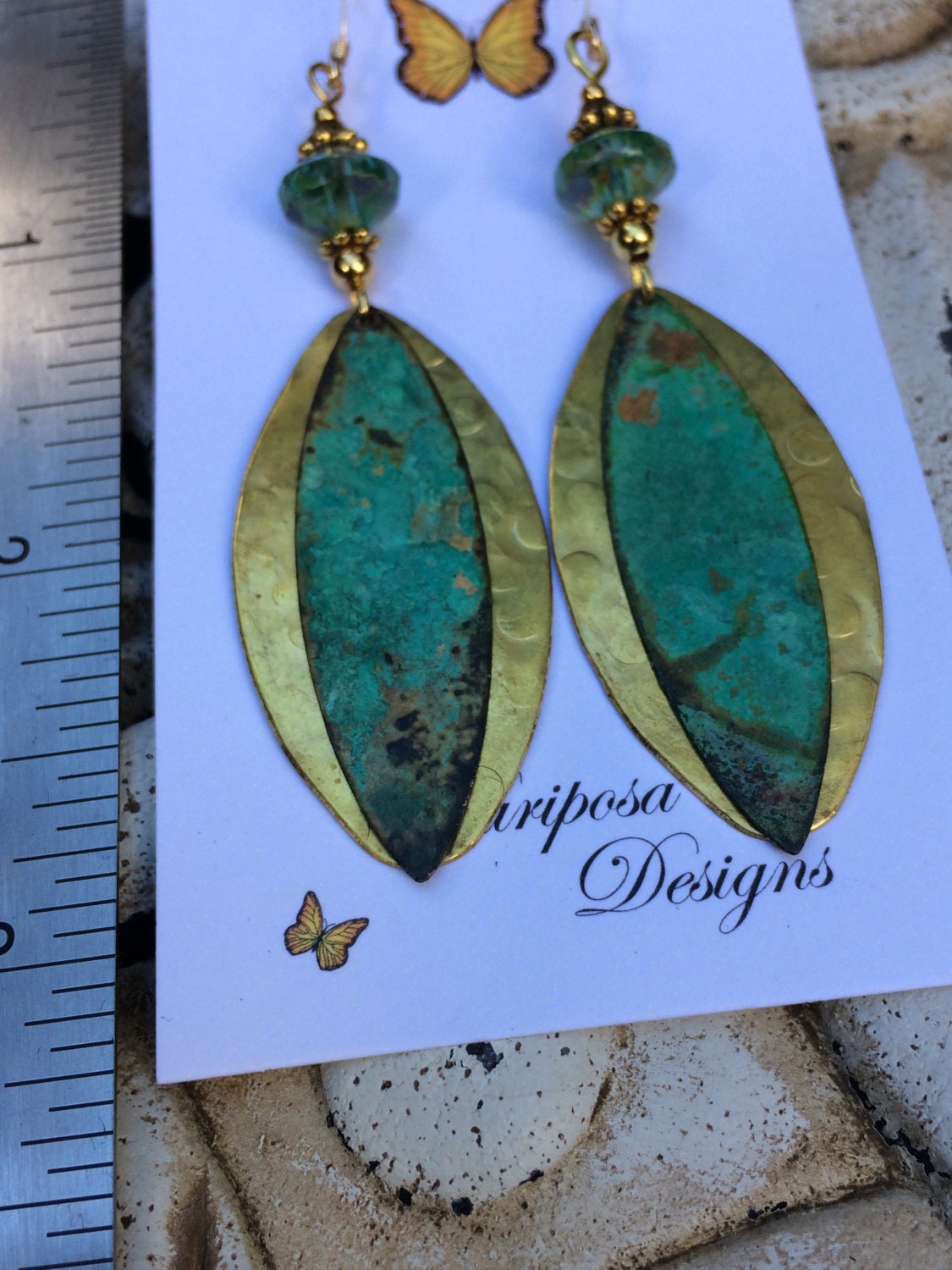 Long dangle earrings vintage hammered brass patina earrings