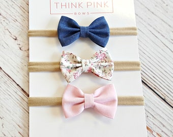 Baby headband SET, Newborn headbands, Nylon Headbands, Baby hair bows, Baby Headbands,Denim Bow, Spring Baby Bow Headbands, Spring Hair Bows