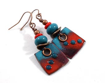 Handmade Turquoise and Red Earrings, Enameled Earrings, Artisan Earrings, Copper Earrings, Square Earrings, Boho Earrings,Small, AE190