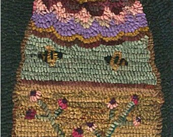 Hooked Rug Bee Skep Hive and Flowers