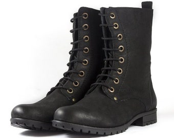 Women's Black Combat Biker Ankle Boots-Lace Up and Zip Up
