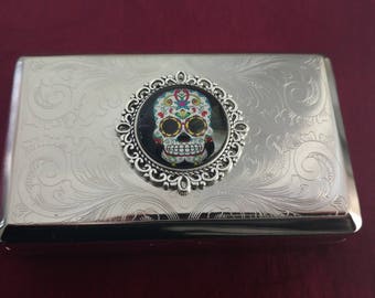 Day of the Dead Sugar Skull Dia de los Muertos silver ornateTobacco tin