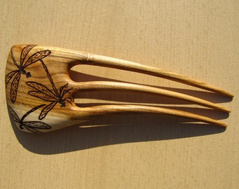 Wooden Hair Fork Apricot Eco Linseed Oil Women Hair Accessories Handmade Pyrography Dragonfly BastianArtAccessories FREE SHIPPING WORLDWIDE
