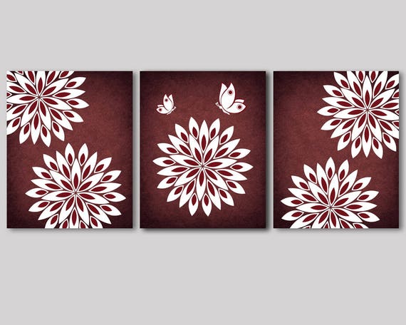 Burgundy wall art decor burgundy white flowers butterfly