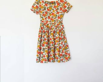 Floral Midi Dress Vintage Yellow and Orange Floral Pattern Dress Women's Vintage Midi-Dress Flower Print Dress Short Sleeve Skater Dress