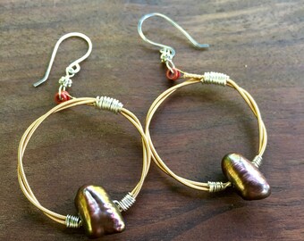 Guitar String Earrings, Hoop Earrings, Pearl Earrings, Recycled Guitar String Earrings, Pearl Earrings