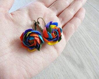 Rainbow peony earrings handmade, polymer clay peony, flower earrings, realistic flower earrings, peony earrings, rainbow jewelry