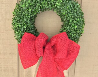 Christmas Boxwood Wreath, Winter Wreaths for Front Door, Holiday Wall Decor, Burlap Christmas, Xmas Decorations, Evergreen Wreath