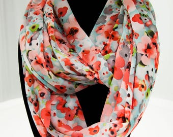 Mint Blue and Red Floral Infinity Scarf