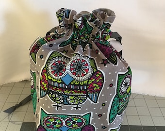 OWL print medium fully-lined cotton drawstring knitting project bag