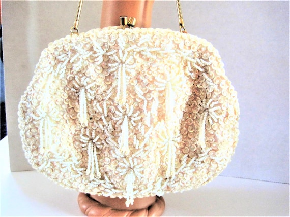 White Beaded Purse, Hand Beaded, Hong Kong, Evening Bag, Sequin Bead Encrusted, Wedding Purse