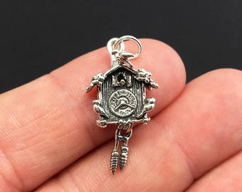 3D Sterling Silver Cuckoo Clock Charm, Birds, .925 Silver, DIY, Bracelet Charms, (C392)
