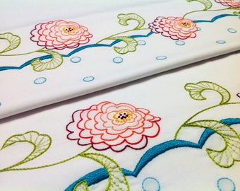 Zinnia flowers hand embroidered border pillowcase pair, standard size, cotton and polyester blend, white cases