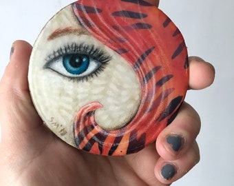 Unique home decor, Red hair, eye piece, blue eye, gifts for her, tiny art, birthday gift, shellieartist, Original art, Wood slice