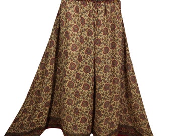 Floral Print Gypsy Hippie Chic High Waist Wide Leg Divided Skirt Vintage Recycled Silk Sari  Split Maxi Skirt S/M