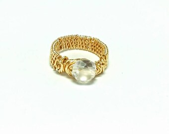 Golden Crystal Wire-Wrapped Ring, Wire-Wrapped Ring, Crystal Ring, Gold Ring, Wire Ring