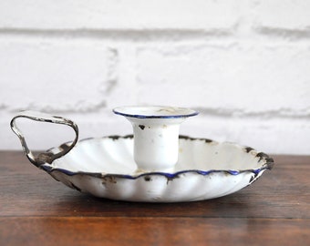 French vintage enamel candlestick, white enamelware candle holder, white metal chamberstick with handle