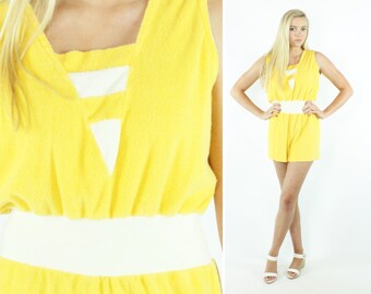 Vintage 80s Shorts Romper Yellow Terry Cloth Sleeveless Swimsuit Coverup 1980s Large L Sunsuit Playsuit Jumpsuit