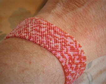Red Pink White Peyote Stitch Handwoven Cuff Bracelet