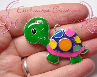 2" Green Rainbow Dot Turtle Charm, Animal Chunky Pendant, Bookmark, KeyChain, Bookmark, Zipper Pull, Planner Charm, Purse Charm