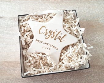 Personalized BABY'S FIRST CHRISTMAS Ornament gift with calligraphy - One (Porcelain, star, white)